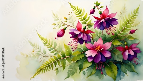 Watercolor Painting of Fuchsia Flowers and Ferns