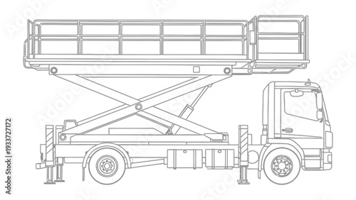 Aerial Platform Truck: Detailed line art of a specialized aerial platform truck, designed for elevated work. This image showcases the intricate engineering and functionality of the vehicle. 
