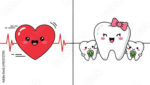 Cartoon heart with EKG line, smiling teeth illustration, dental health artwork, cardiovascular wellness design, toothbrush symbol, medical wellness graphic