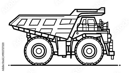 Mining Truck Silhouette: A detailed outline of a heavy-duty mining truck, designed for transporting large quantities of earth, rocks, and raw materials in industrial settings.