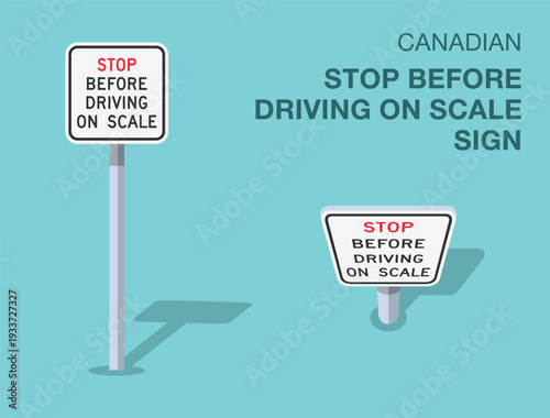 Traffic regulation rules. Isolated canadian "stop before driving on scale" road sign. Front and top view. Flat vector illustration template.