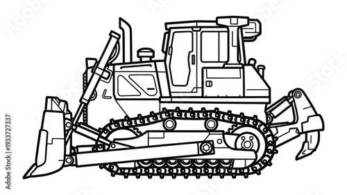 Bulldozer's detailed illustration: A precisely rendered illustration of a bulldozer. Demonstrating the detailed design and machinery. This image can be used to showcase design, engineering.
