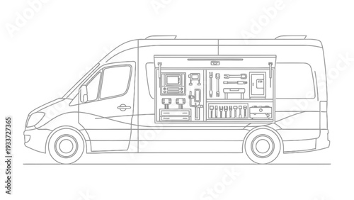 Mobile Service Van: Detailed line art of a mobile service van, equipped with tools and organized for on-the-go repairs, highlighting functionality and professional service.