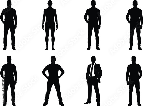 Eight male silhouettes showcasing different poses, including business attire and casual stances on a white background.