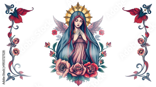 Religious Illustration of Virgin Mary with Halo Wings and Praying Hands Surrounded by Ornate Floral Elements