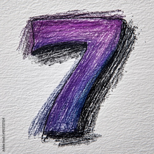 Hand-Drawn Number 7 in Purple and Black Crayon