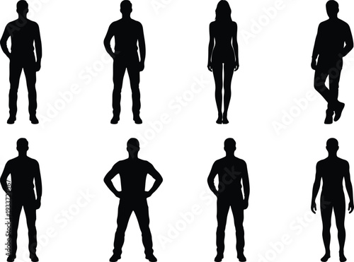 Set of male and female human silhouettes showcasing a variety of poses and styles on white background.
