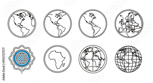 Circular globe badges and world icons collection for graphic resources.