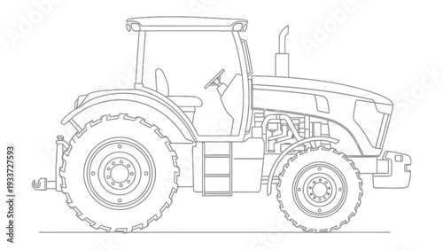 Robust Agricultural Tractor Blueprint: A detailed technical illustration of a heavy-duty tractor, showcasing its essential components and design. 