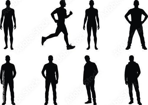 Collection of human silhouettes featuring men and women in active, casual, and formal poses on white.