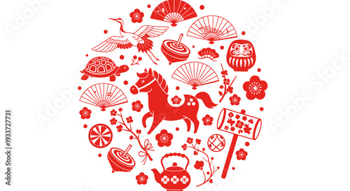 Red paper cut style collage of animals and festive icons forming a circular design.