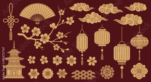 Traditional Asian Festival Decorations with Lanterns Fans and Blossoms in Cultural Design.