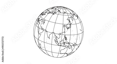 Wireframe globe icon illustrating global connectivity and world geography in a simple vector illustration.