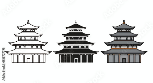 Three tiered pagodas with traditional architectural design in grayscale showing ancient temple structures.