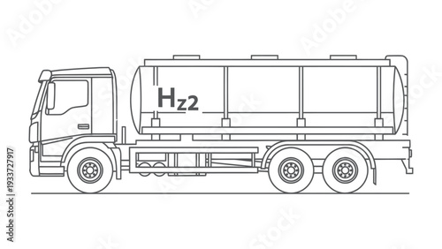 Hydrogen Tanker in Transit: A meticulously drawn illustration showcases a hydrogen tanker truck, a symbol of sustainable transport, with the H2 emblem prominent, traversing the road.