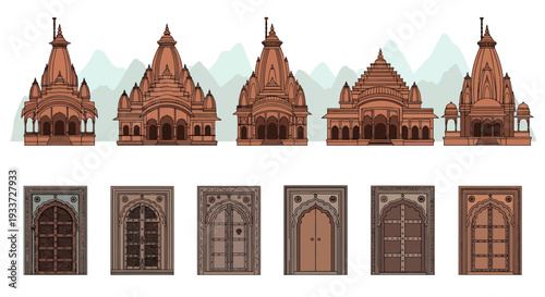 Row of ornate temple buildings with domed roofs and arched facades along a hillside.