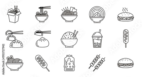 Collection of monochrome line art icons depicting various foods and beverages.