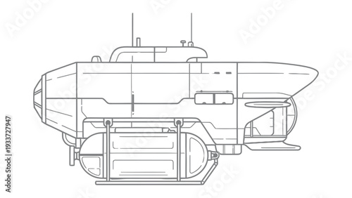 Submersible Illustration: A detailed line drawing of a submersible, ready to explore the depths of the ocean.