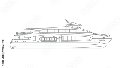 Luxury Ferry Illustration: An elegantly designed luxury ferry, with sleek lines and panoramic windows, navigates the tranquil waters. A symbol of modern travel and comfort.