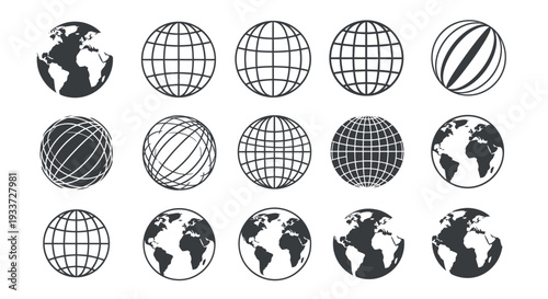Set of globe icons with continents and grid patterns for design and mapping graphics.