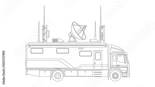Communication Truck: A detailed illustration of a high-tech communication truck, equipped with advanced satellite and antenna systems, symbolizing modern technological infrastructure and connectivity.