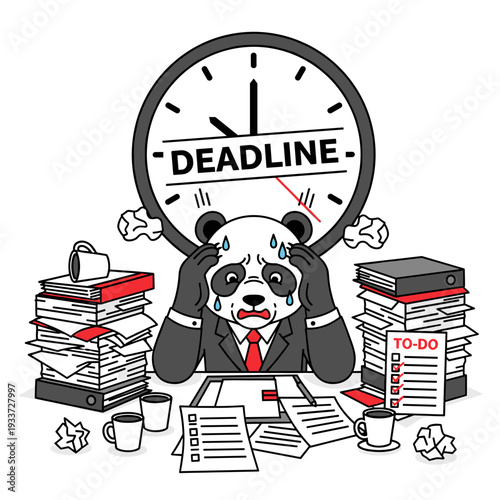 Panda Bear Sitting at Desk with Deadline Clock.