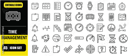 Time Management Outline Icon Set, Productivity Planning, Schedule, Deadline, Clock, Calendar, Task Organization, Linear Editable Stroke Vector Illustration