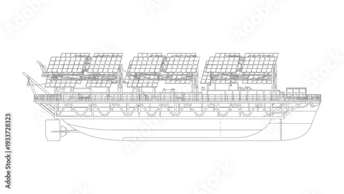 Solar Powered Vessel: Detailed architectural line drawing of an innovative vessel design, showcasing advanced technology and clean energy integration.