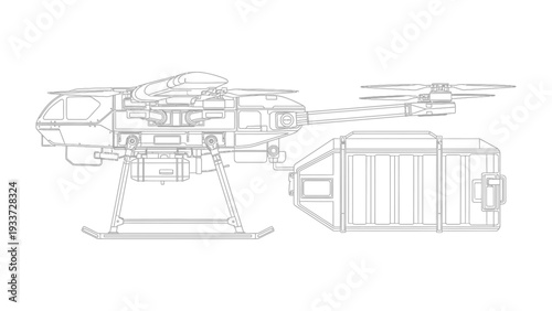 Drone in Technical Blueprint: A detailed technical blueprint unveils a drone, showcasing its intricate internal components and design elements. Ideal for technology enthusiasts and innovators.