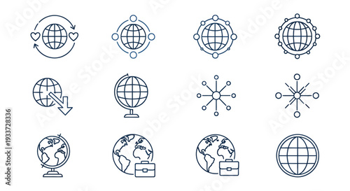 Assorted globe and world icon symbols collection for graphic design and presentation.