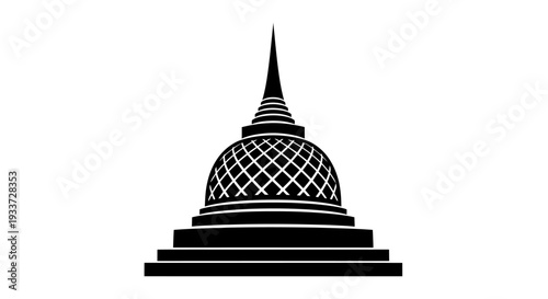 Elegant silhouette of a tiered temple and stupa with steps and layered dome in stark black and white.