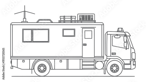 Emergency Response Vehicle Silhouette: A detailed side profile of a modern emergency response vehicle, a symbol of preparedness, equipped with antennas and necessary equipment.