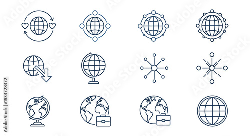 Set of globe and world map icons including continents, hemispheres, and grid symbols for graphic resources.