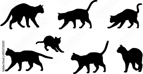 Collection of seven black cat silhouettes in diverse poses, walking, stretching, and crouching. Isolated vector illustration on white background.