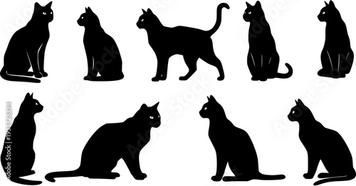Detailed black cat silhouettes set: domestic felines in diverse sitting, standing, and resting poses. Vector illustration isolated on a crisp white background.