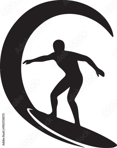 Surfer riding wave silhouette logo icon in black and white