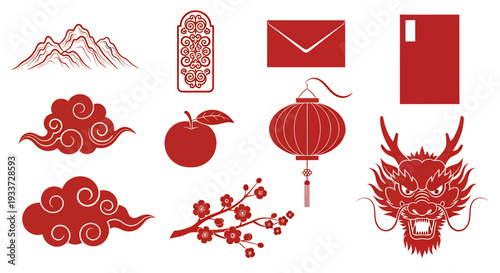 Collection of red Chinese motifs including lanterns dragons clouds plum blossoms and decorative elements.