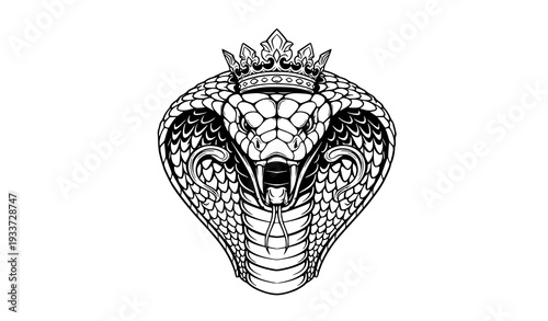 Detailed Crowned Cobra Head Tattoo Style Black and White Vector Illustration Isolated on White