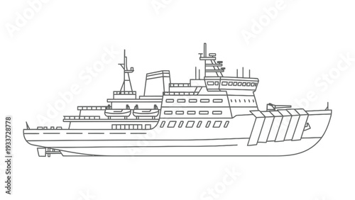Maritime Marvel: A precise line drawing of a maritime vessel, showcasing its intricate design and robust build against the backdrop.