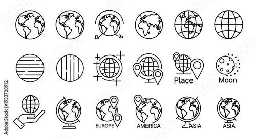 Collection of globe and world continent icons in vector style for geography and mapping.