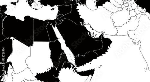 Black silhouette map highlighting the Middle East and surrounding regions for reference and cartography.