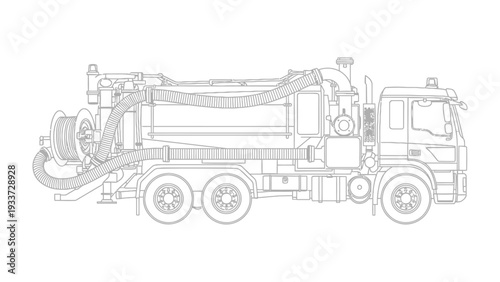 Industrial Vacuum Truck Silhouette: A detailed outline showcases a heavy-duty industrial vacuum truck, highlighting its intricate components, utility, and robust design.