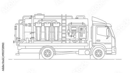Water Tanker: Detailed schematic of a water tanker, emphasizing its infrastructure, designed for transporting and distributing essential resources.