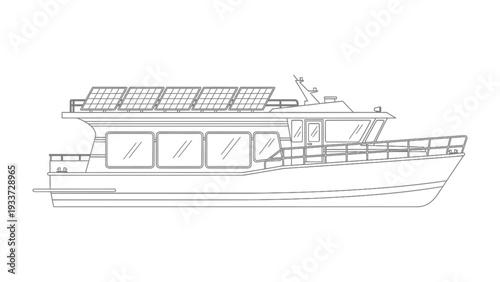 Eco-Friendly Solar Boat: A sleek, modern boat harnesses the power of the sun with solar panels, suggesting a commitment to sustainable transport and eco-conscious living.