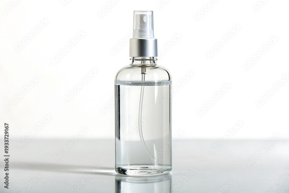 Naklejka premium Clear Liquid Spray Bottle with Silver Cap on Reflective Surface container