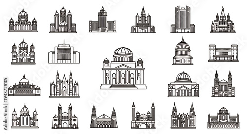 Collection of diverse architectural landmarks silhouettes and building icons.