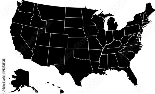 Black  White USA Map: Detailed Silhouette of United States with State Borders