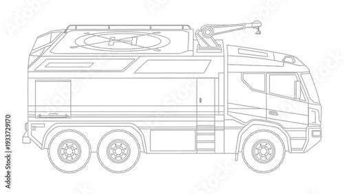 Outline of a Futuristic Rescue Vehicle: A detailed line drawing showcases a cutting-edge rescue vehicle, equipped with advanced features. Explore the design of this innovative emergency response unit.
