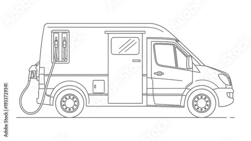 Camper Van Outline: A sleek camper van depicted in a clean, minimalist line drawing, offering a sense of adventure and freedom, suggesting the open road and the joy of travel.