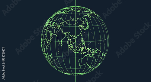 Green Wireframe Globe Grid Illustration with Neon Glow for Tech and Nature Themes.